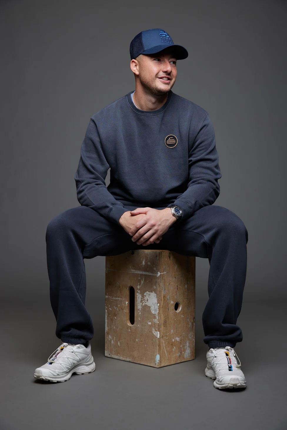 Curling Rock - Washed Black Crewneck Sweater with Patch - Image 3
