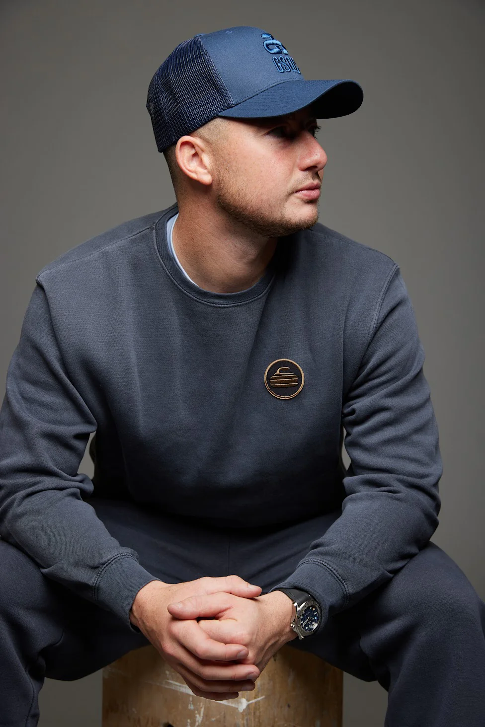 Curling Rock - Washed Black Crewneck Sweater with Patch - Image 4