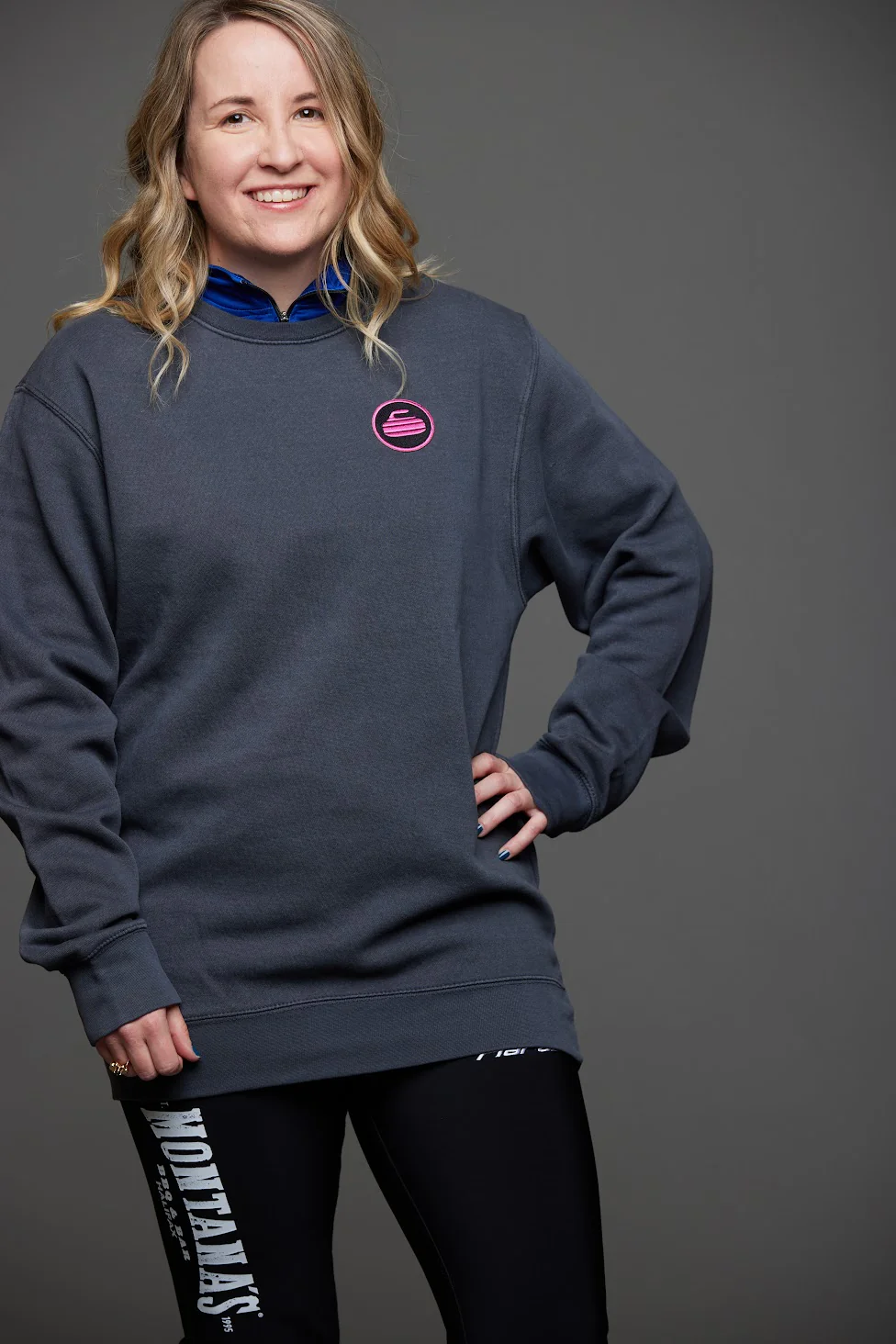 Curling Rock - Washed Black Crewneck Sweater with Patch - Image 5