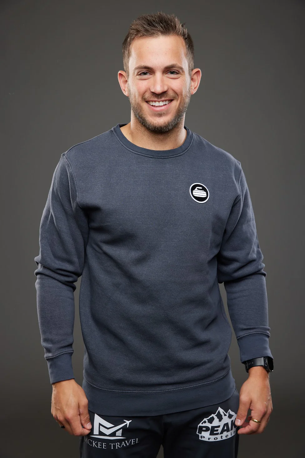 Curling Rock - Washed Black Crewneck Sweater with Patch - Image 7