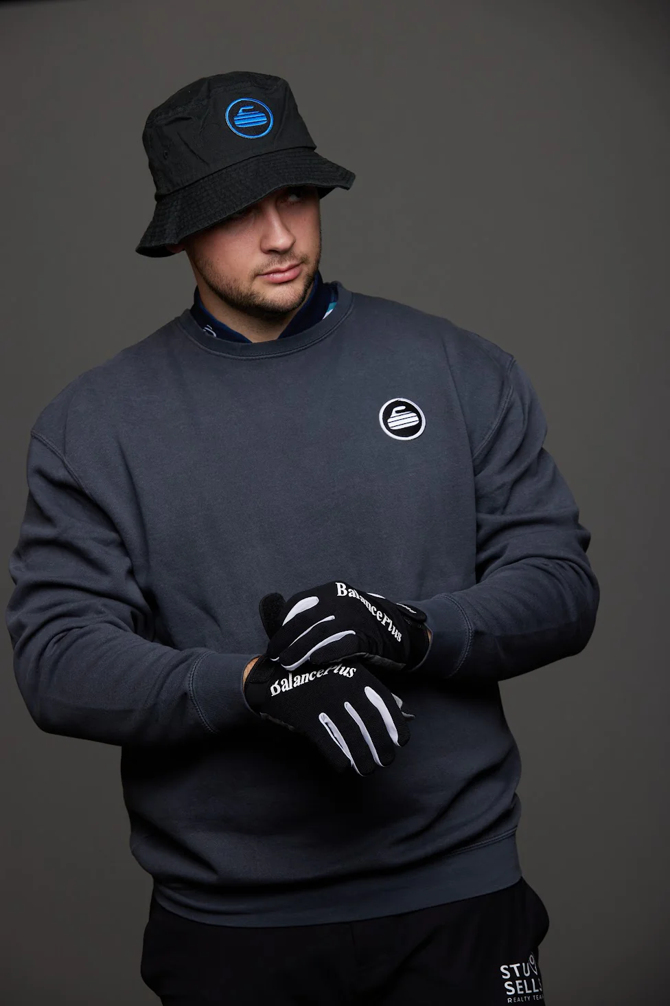 Curling Rock - Washed Black Crewneck Sweater with Patch - Image 8