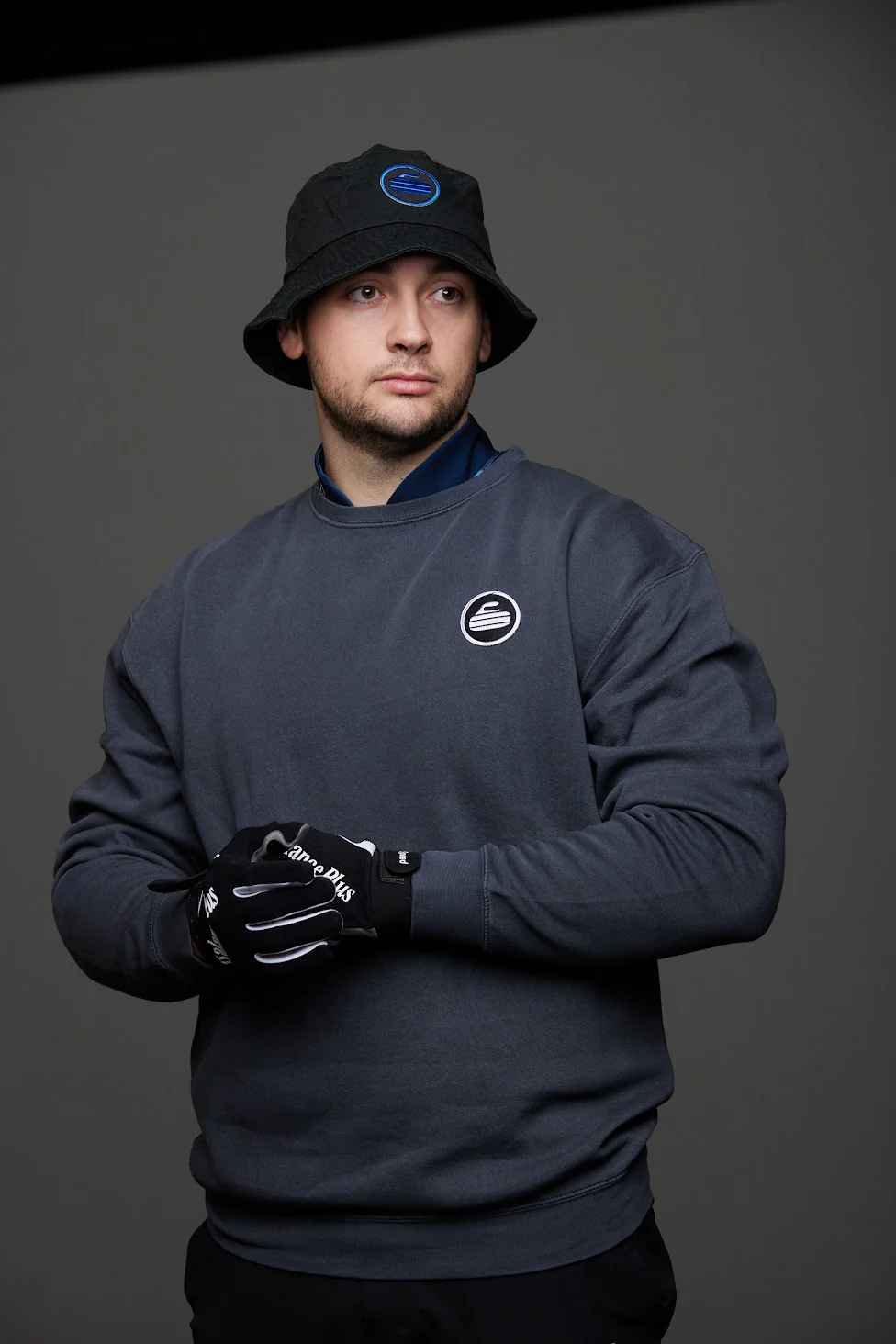 Curling Rock - Washed Black Crewneck Sweater with Patch - Image 9