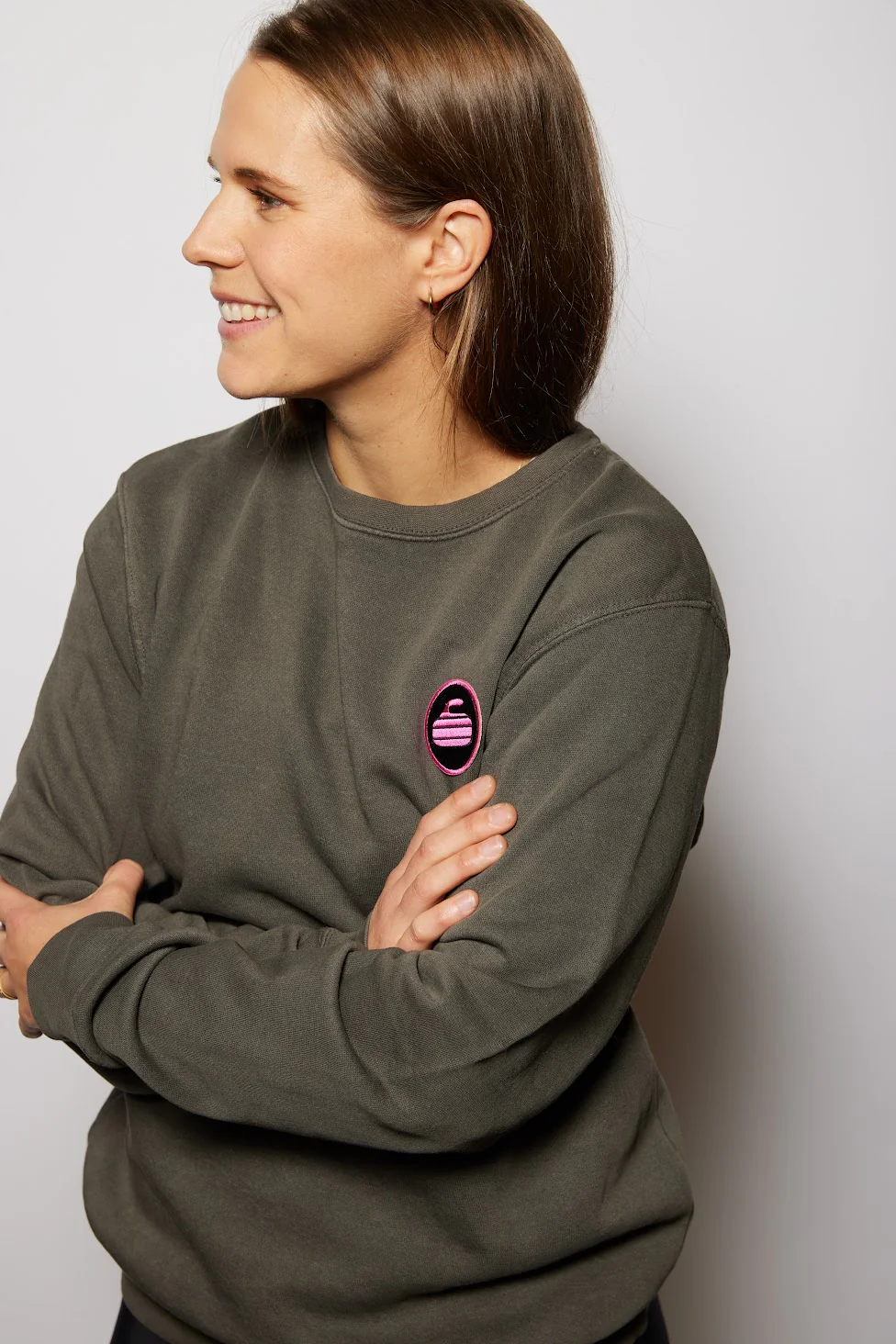 Curling Rock - Washed Charcoal Crewneck Sweater with Patch - Image 4